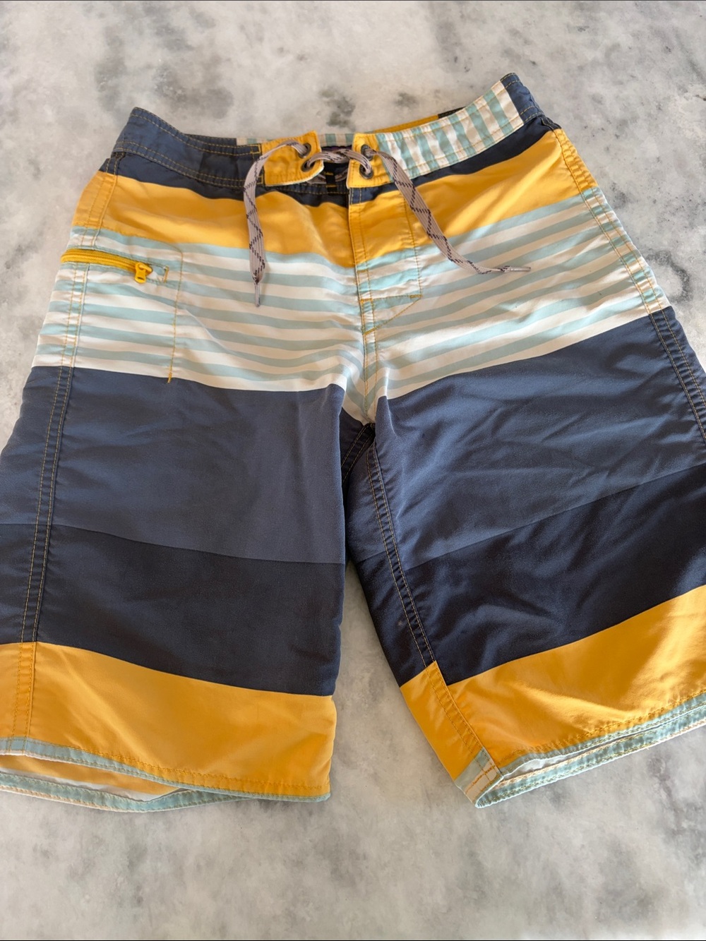 Patagonia Yellow, Navy & Light Blue Striped Kids Swim Trunks